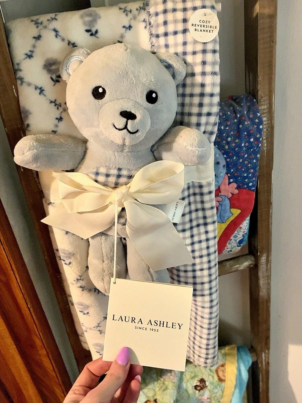 Laura Ashley Cozy Reversible Blanket and Plush Bear Set